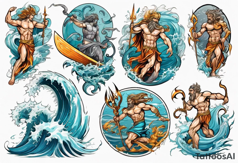Ancient Greek gods of the sea fighting with surfer  and trident tattoo idea