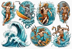 Ancient Greek gods of the sea fighting with surfer  and trident tattoo idea