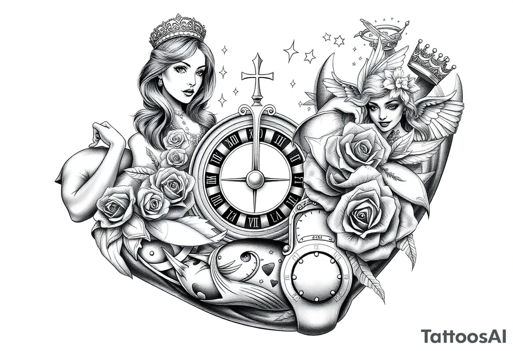 Roulette casino and princess and cross, baby angels, roses and clock and stars and fish, crown tattoo idea