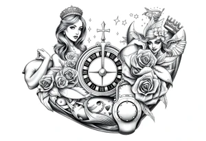 Roulette casino and princess and cross, baby angels, roses and clock and stars and fish, crown tattoo idea