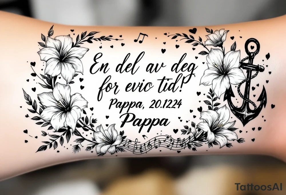make a quote that says "En del av deg for evig tid! Pappa, 20.12.24" Surrounded by gladiolus, music notes, hearts and an anchor tattoo idea