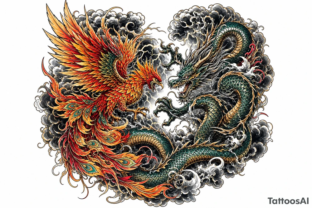 Japanese dragon and phoenix battling amidst dark storm clouds. tattoo idea