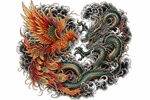 Japanese dragon and phoenix battling amidst dark storm clouds. tattoo idea