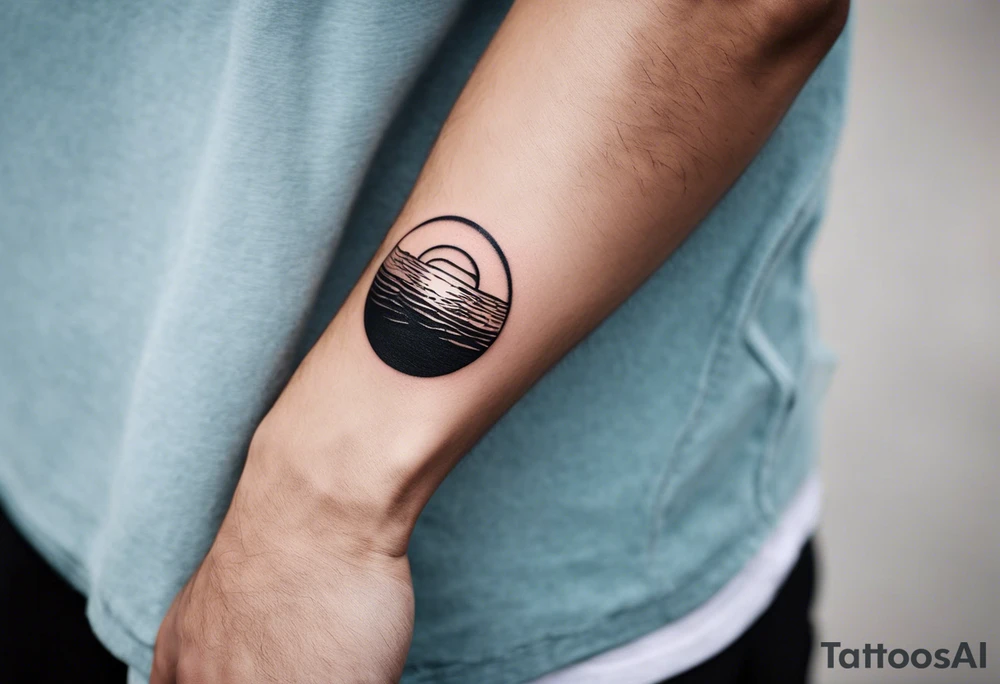 This is an extremely simple and minimalistic tattoo on male forearm. It has no color. The tattoo is flipped 180 degrees and covers the forearm lengthwise and is not tall and not round. From the perspective of being on the ocean, Water is calm, with no waves in sight, the sun is setting behind the ocean, reflecting light onto the ocean. tattoo idea