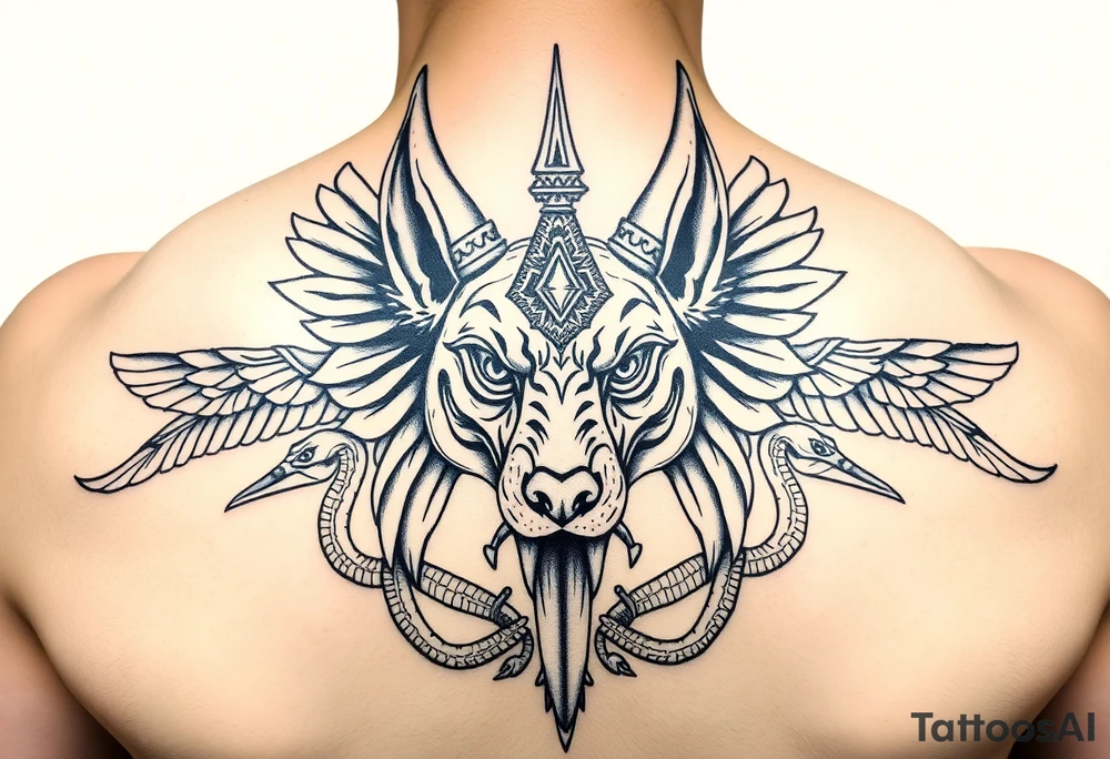 Egyptian Anubis god face muscle in Egypt style dog face surrounded Egyptian symbols and snakes full back tattoo idea