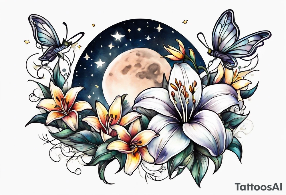Small moon and stars with a moth and lily flowers tattoo idea