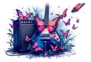 An electric guitar plugged into an amp with 5 butterflies flying around it tattoo idea