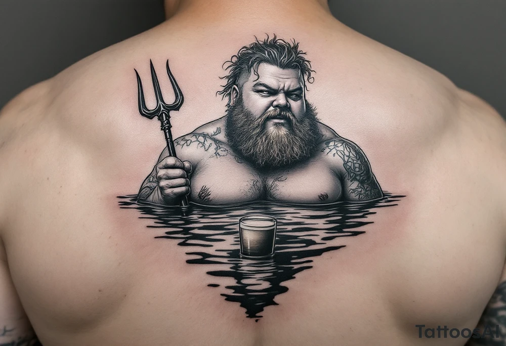 Gay fat guy, with trident, half way in calm water, with a beer tattoo idea