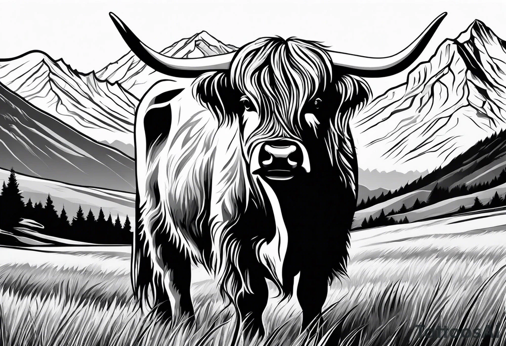 Highland cow with mountains tattoo idea