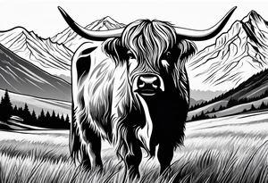 Highland cow with mountains tattoo idea