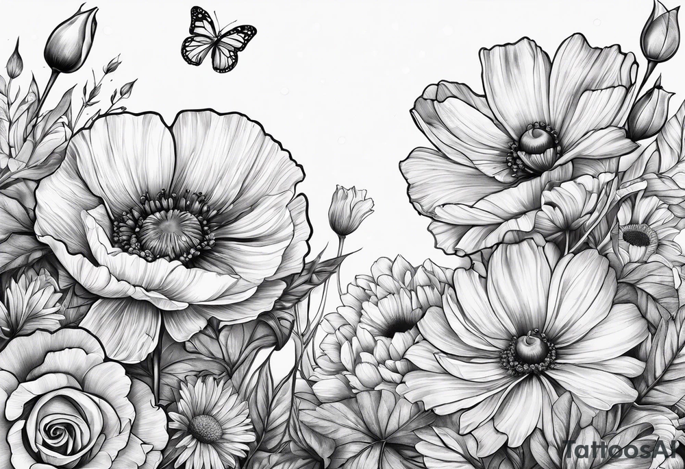 One poppy one rose two daisies tattoo idea