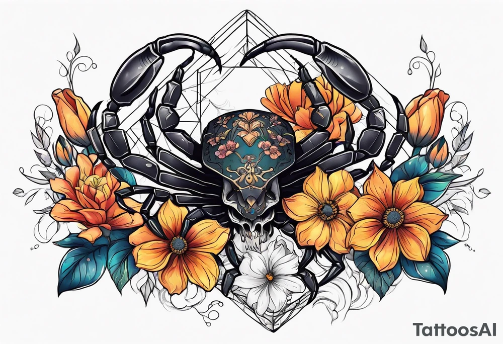 Large scorpion with a skull, flowers, and butterflies tattoo idea
