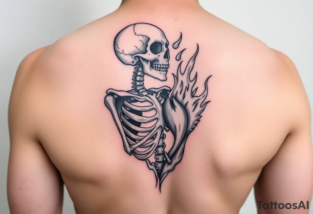 Skeleton in agony, heart broken, on fire tattoo idea