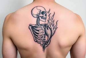 Skeleton in agony, heart broken, on fire tattoo idea