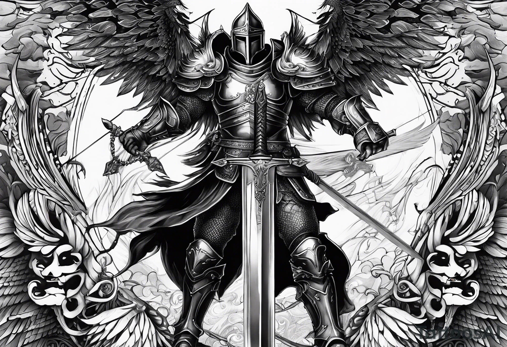 A twelve winged angel in full armour with overly large sword

Powerful demon commander faces a powerful angel commander in the centre of the tattoo idea