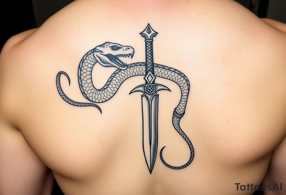 mystical snake coiled around an ancient dagger with jeweled hilt tattoo idea