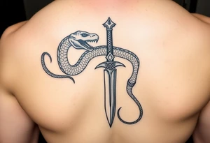 mystical snake coiled around an ancient dagger with jeweled hilt tattoo idea