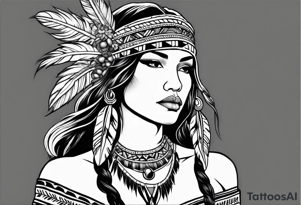 Native american girl, Taurus, flowers, dream catcher, pacific island tattoo idea