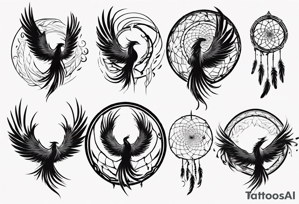 Vertical open mouthed flying Phoenix in circle with long abstract dream catcher tail tattoo idea