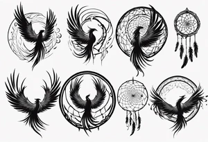Vertical open mouthed flying Phoenix in circle with long abstract dream catcher tail tattoo idea