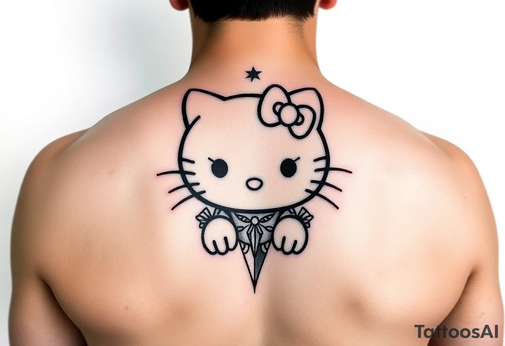 white background, cyber sigilism art / neo primal inspired hello kitty tattoo idea