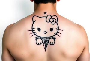 white background, cyber sigilism art / neo primal inspired hello kitty tattoo idea
