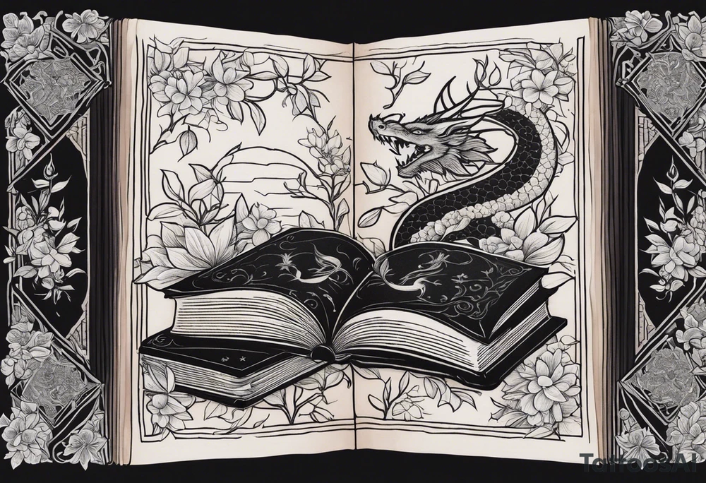 198 / 5.000
Two old books, one on top of the other, above them an open book, from the open book come out jasmine flowers with their leaves, on one side of the books there is a small dragon on the right side. tattoo idea