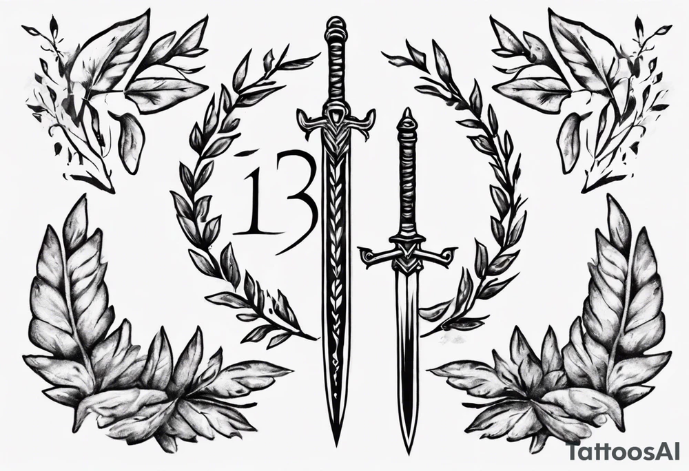 memorial tattoo using "13" , laurel leaves and a sword tattoo idea