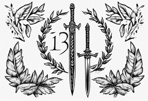 memorial tattoo using "13" , laurel leaves and a sword tattoo idea