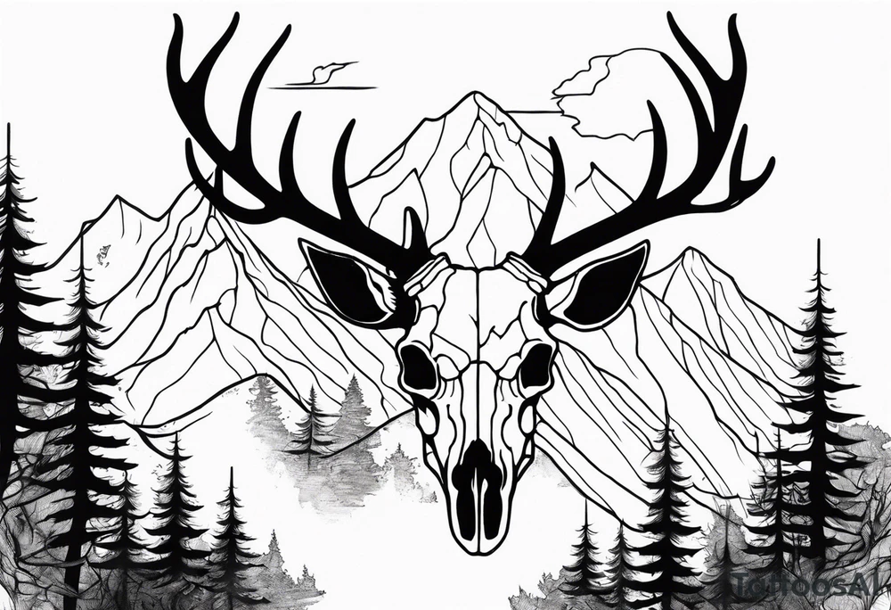 side view of a DECAYING deer skull JUST BONE surrounded by a forest fire in background tattoo idea