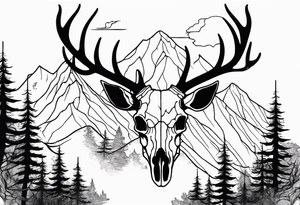 side view of a DECAYING deer skull JUST BONE surrounded by a forest fire in background tattoo idea