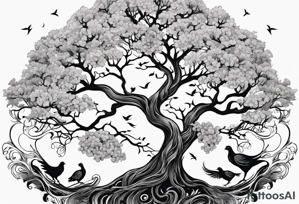 calm oak tree with phoenix and roots and waves and three birds tattoo idea