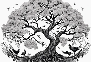 calm oak tree with phoenix and roots and waves and three birds tattoo idea