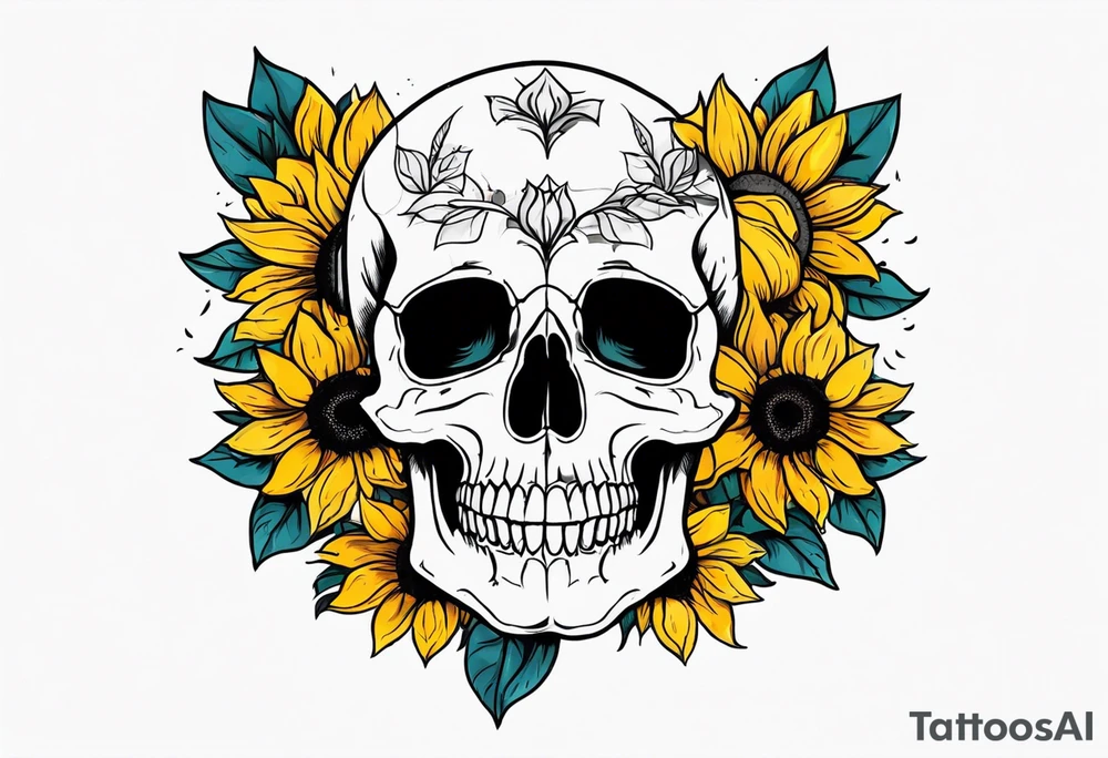 skull with sunflowers tattoo idea