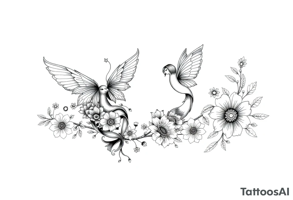 Magical powerful animal sleeve with fairies and flowers tattoo idea