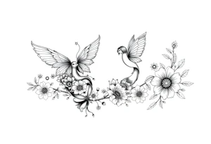 Magical powerful animal sleeve with fairies and flowers tattoo idea