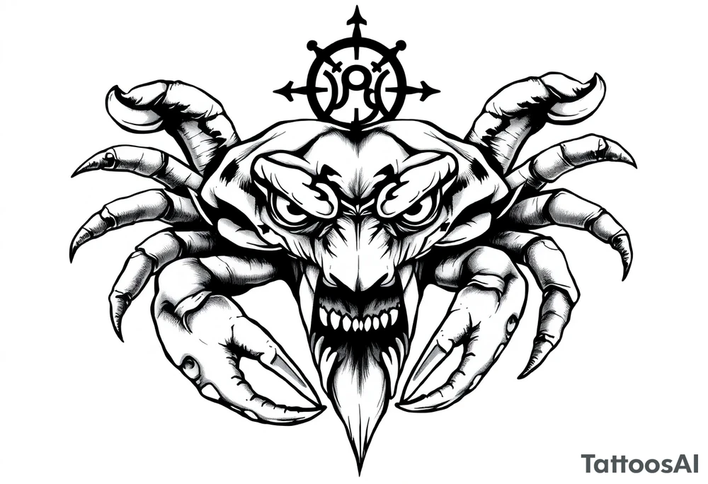 An angry crab with an angry unnatural face its claws scary with a zodiac symbol prominent tattoo idea