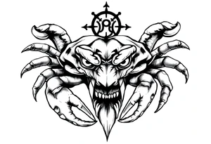 An angry crab with an angry unnatural face its claws scary with a zodiac symbol prominent tattoo idea