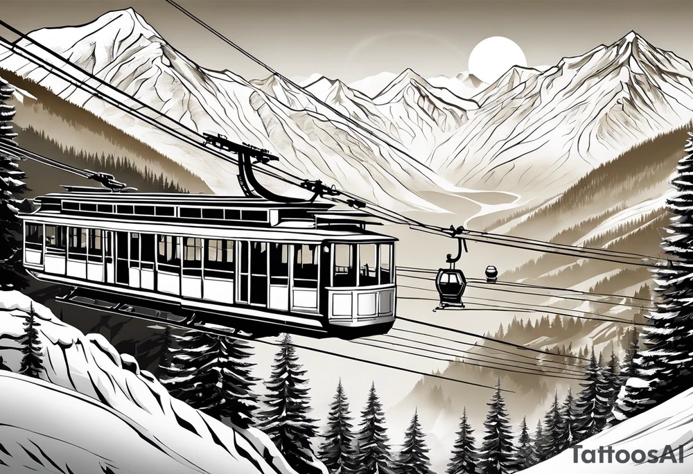 Create a large-scale tattoo design that starts at the lower back. The motif features a cable car ascending from a valley station into snowy mountains, leading to the top station. At the end of the cable car, it connects to a pair of ski goggles worn by a female head. In the lenses of the ski goggles, the snowy mountains should be reflected. Pay attention to realistic details of the mountains and the cable car, while the female head and ski goggles are stylized but clearly recognizable. The design should flow organically and extend upwards along the back. tattoo idea