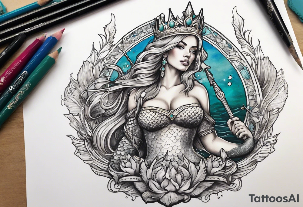 Mermaid full body holding a trident and wearing a crown tattoo idea