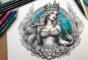 Mermaid full body holding a trident and wearing a crown tattoo idea