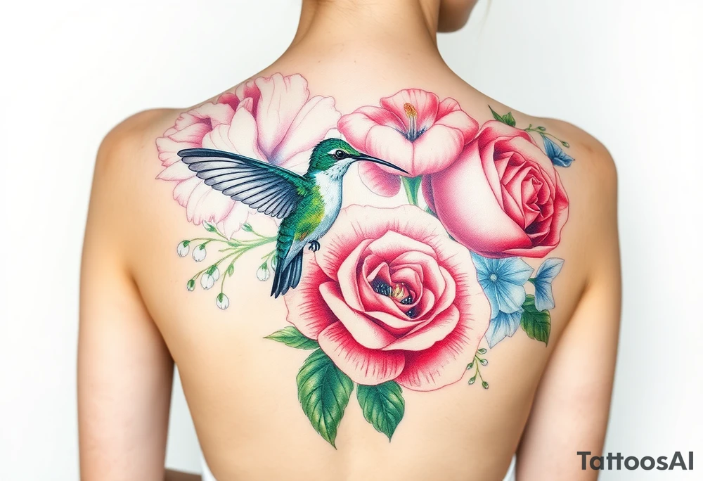 Bouquet of flowers with watercolors carnation, rose, Lily of the valley, delphinium with stems Starting upper middle back to right shoulder With Rufos humming bird feeding on rose.  Soft tones tattoo idea