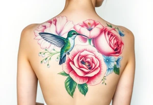 Bouquet of flowers with watercolors carnation, rose, Lily of the valley, delphinium with stems Starting upper middle back to right shoulder With Rufos humming bird feeding on rose.  Soft tones tattoo idea