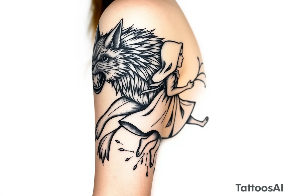 Big bad wolf running behind little red riding hood tattoo idea