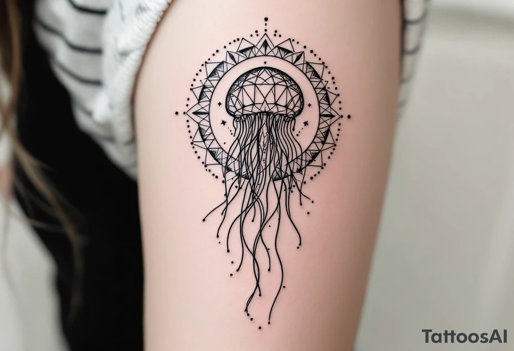 minimal fine-line tattoo, single jellyfish, sacred geometry surround, dotwork patterns, jellyfish bell dome, flowing tentacles, trailing streamers, geometric mandala, radiating dotwork, minimalist design, black grey lines, soft shading, no outlines, geometric frame, organic jellyfish form, upper arm shoulder placement, light airy feel, delicate linework, geometric backdrop, clean lines, radiating patterns, simple jellyfish centerpiece, minimalist, psychedelic tattoo idea