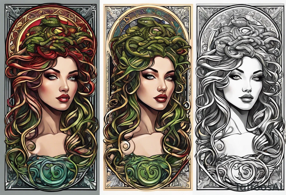Medusa, before and after she had snakes for hair in the form of tarot cards tattoo idea