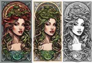 Medusa, before and after she had snakes for hair in the form of tarot cards tattoo idea