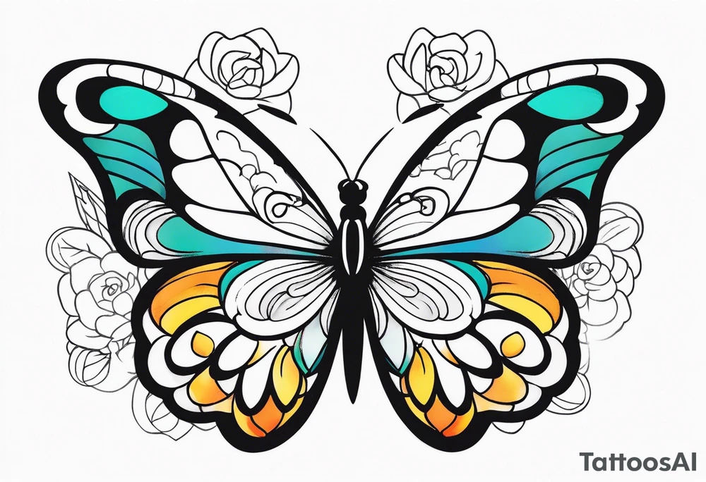 A vibrant butterfly with colorful wings, resting on a flower, showcasing transformation and beauty.” tattoo idea