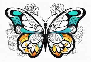 A vibrant butterfly with colorful wings, resting on a flower, showcasing transformation and beauty.” tattoo idea