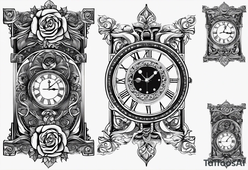I want a design to print on t-shirts. The design is an hourglass with a wristwatch in the middle with Amazigh numbers, and this watch is surrounded by planets and Ashulk roses. tattoo idea